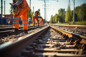 Workers carry out repair work tightening bolts on the street. Installation of railway rails for trams and reconstruction of tram tracks. Generative AI