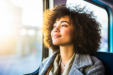 Jeune femme métis assis prés de la fenêtre  dans un bus et souriant - obrazy, fototapety, plakaty