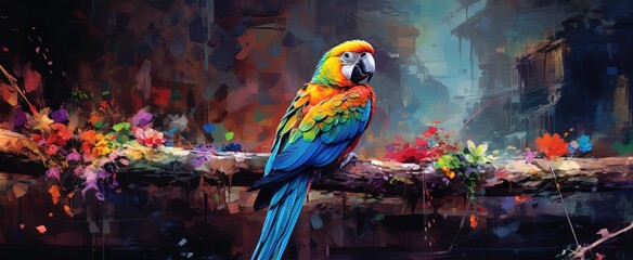 painting style illustration, a macaw bird on tree branch looking back, Generative Ai - obrazy, fototapety, plakaty