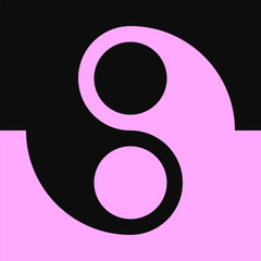 Pink and black background with big yin yang symbol. Editable vector template.