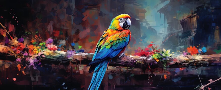 painting style illustration, a macaw bird on tree branch looking back, Generative Ai © QuietWord