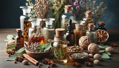 Detailed view of alternative medicine essentials with fresh and dried herbs, and glass tincture jars. - obrazy, fototapety, plakaty
