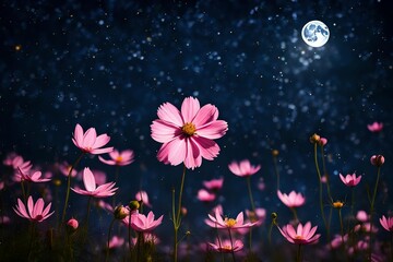  Beautiful pink flower blossom in garden with night skies and full moon.