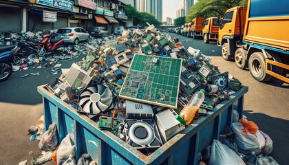 Detailed view of discarded computer components in an urban garbage site. - obrazy, fototapety, plakaty
