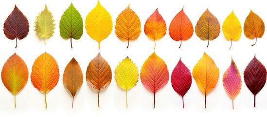 Beautiful colorful autumn leaves gathered alone on a white background