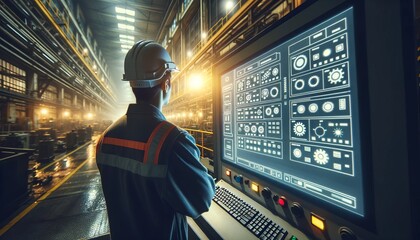 Engineer from behind in safety gear navigating machine controls on a big screen in an industrial environment.