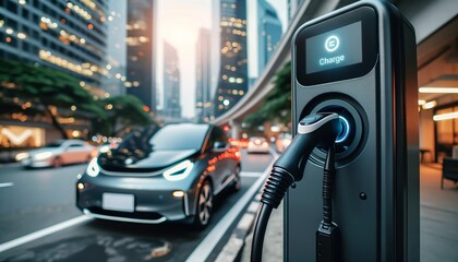 Close-up of a single plug charging a car at a modern electric vehicle charging station in the city. - obrazy, fototapety, plakaty