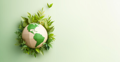 Fototapeta premium Paper earth globe surrounded by green foliage, symbol of environmental protection and care of a fragile planet - Earth Day concept