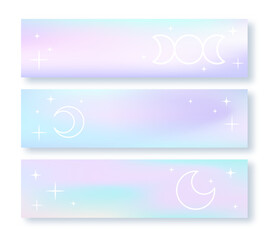 Creative banners or horizontal posters collection. Fluid gradient background set with geometric moon, stars