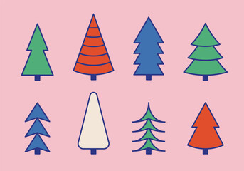 Obraz premium Colorful Christmas tree icon set. Collection of trendy fir tree symbol