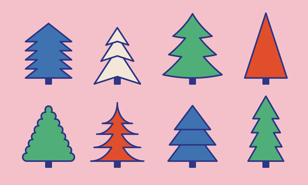 Colorful Christmas tree icon set. Collection of trendy fir tree symbol