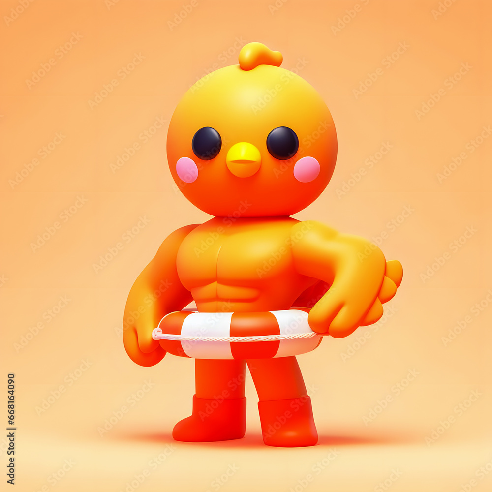 Poster there is a small toy that is standing up with a life preserver generative ai