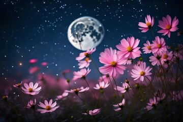 Obraz na płótnie Canvas Beautiful pink flower blossom in garden with night skies and full moon.