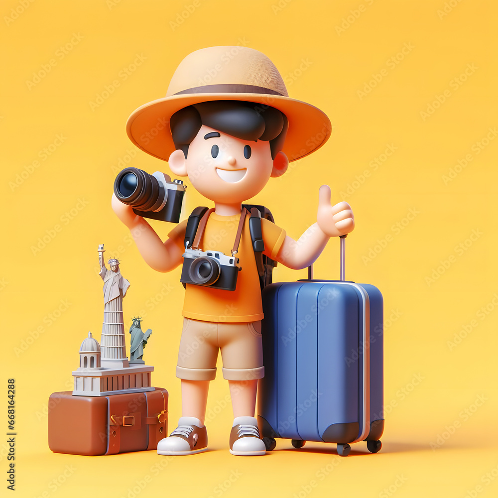 Poster arafed man with a camera and suitcase with statue of liberty generative ai