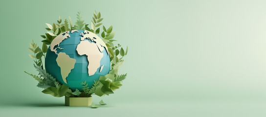 Paper earth globe surrounded by green foliage, symbol of environmental protection and care of a fragile planet - Earth Day concept