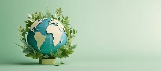 Foto op Canvas Paper earth globe surrounded by green foliage, symbol of environmental protection and care of a fragile planet - Earth Day concept © mozZz