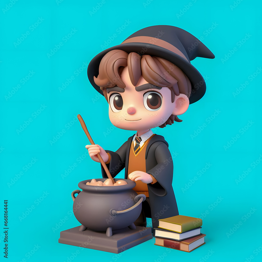 Poster a close up of a small figurine of a boy with a hat and a wand generative ai