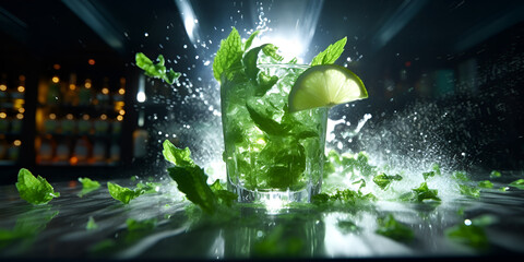 Cocktails in glass with ice cube isolated on black, Glass of tasty mojito on dark background Generative Ai
