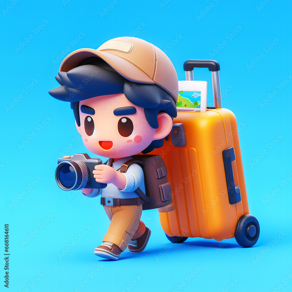 Poster a close up of a person with a camera and a suitcase generative ai