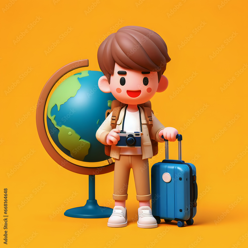 Poster a close up of a person with a suitcase and a globe generative ai