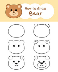 How to draw cute bear cartoon step by step for learning, kid, education, coloring book. Vector illustration