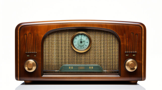 Close up of vintage wooden radio isolated on white background
