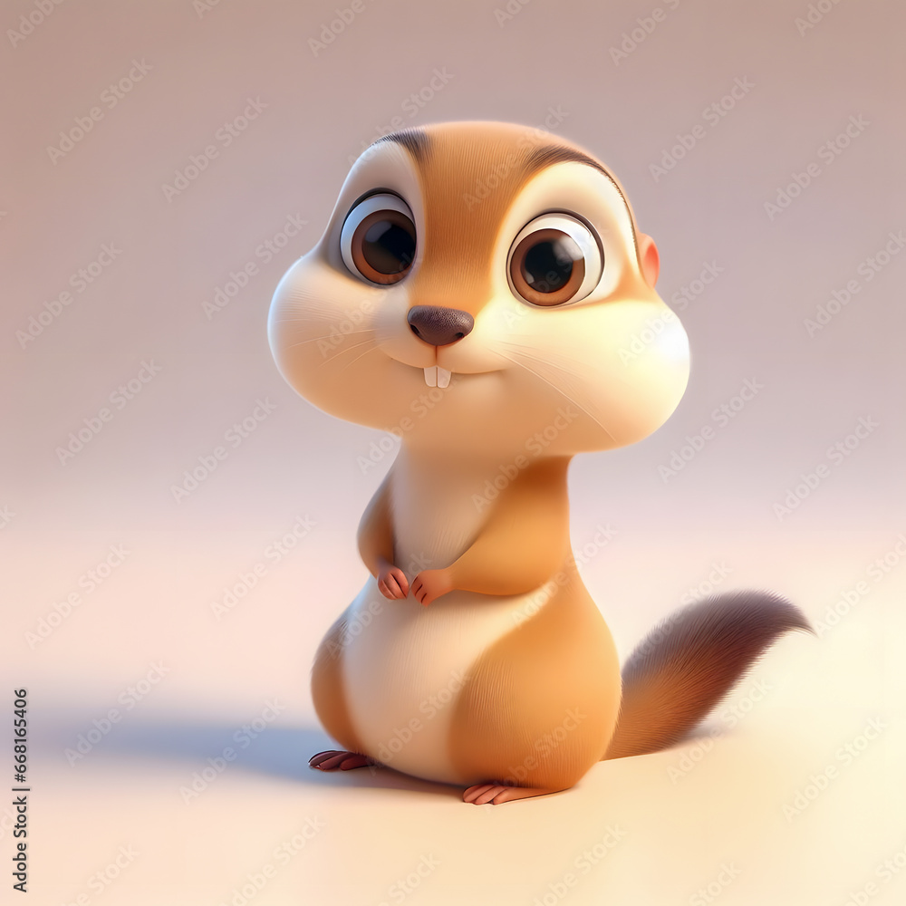 Poster there is a small toy squirrel sitting on a white surface generative ai