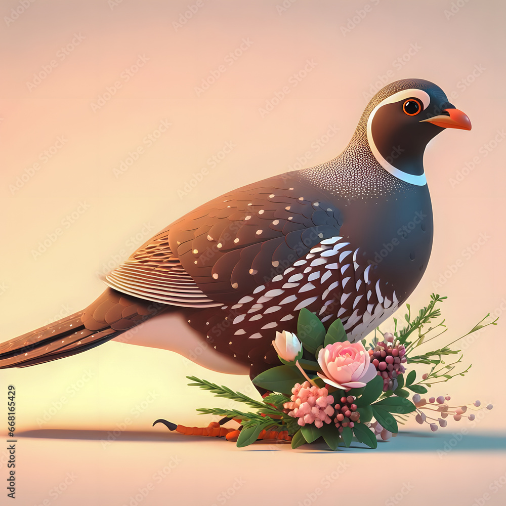 Poster there is a bird that is standing on a flower arrangement generative ai