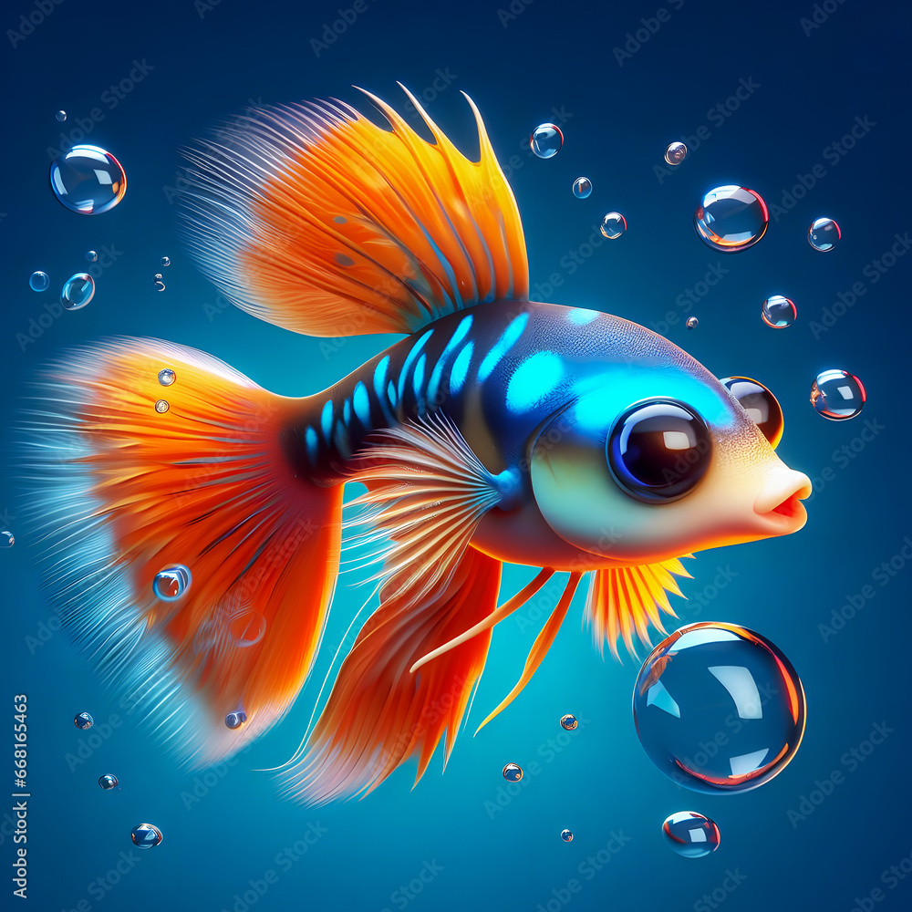 Poster a close up of a fish with bubbles floating on a blue background generative ai