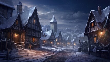A gentle snowfall, with flakes softly descending upon a sleepy, idyllic village. - obrazy, fototapety, plakaty