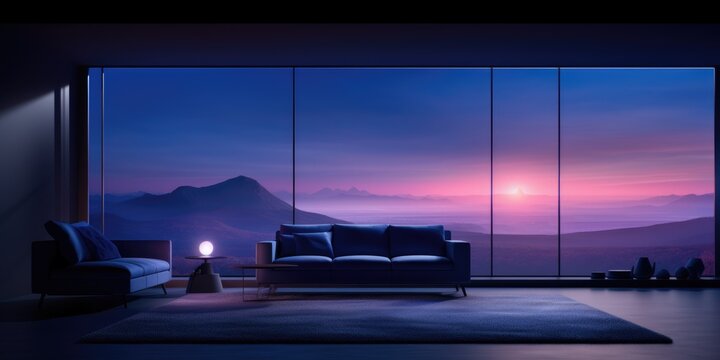 A modern and minimalist living room, with a 3 D fractal texture, and a blue hour lighting effect. AI Generative