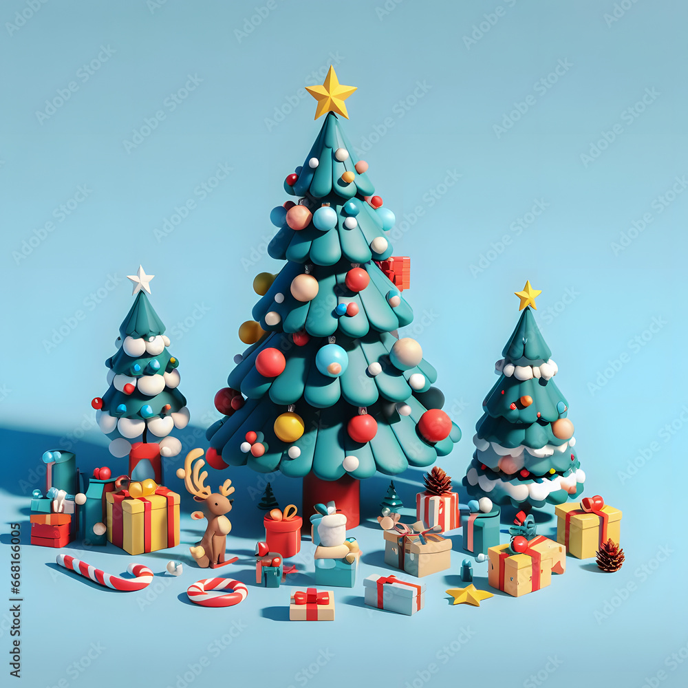 Poster there are three christmas trees with presents and a star on top generative ai