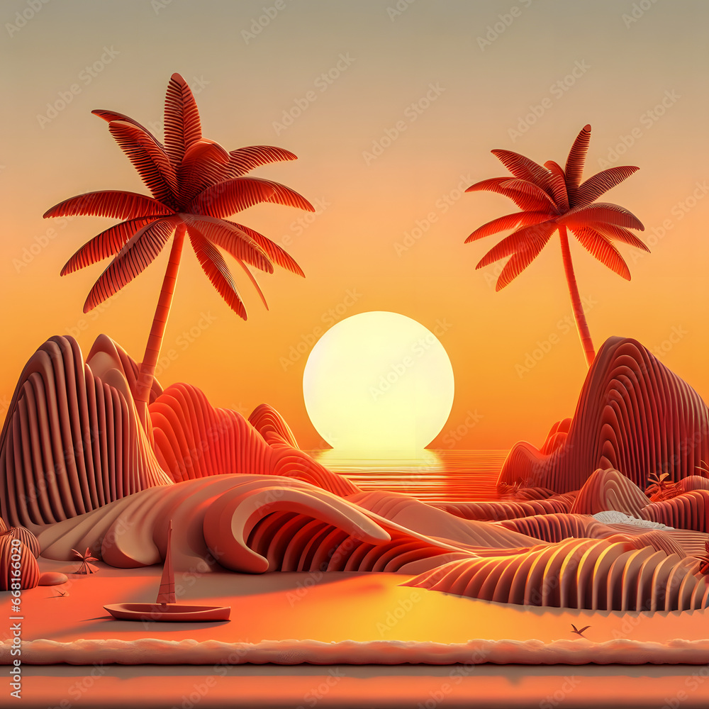 Poster a rendering of a sunset scene with a boat on the water generative ai
