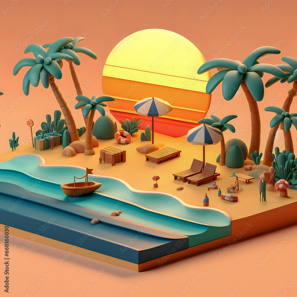 Aufkleber arafed image of a beach scene with palm trees and a boat generative ai