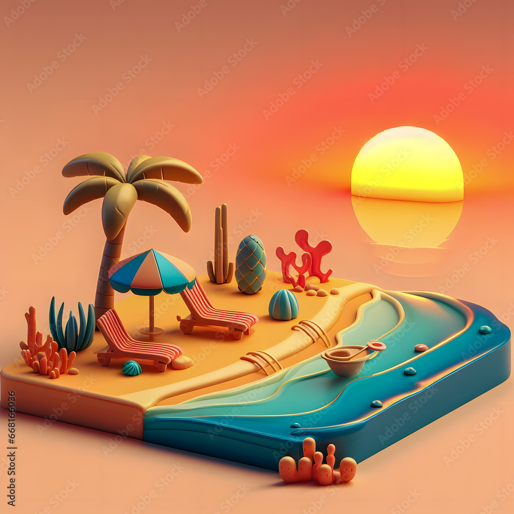 Aufkleber a close up of a beach with a palm tree and a beach chair generative ai