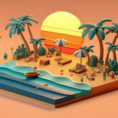 arafed image of a beach scene with palm trees and a boat Generative AI