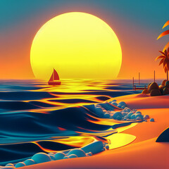 sunset on the beach with a sailboat and palm trees Generative AI