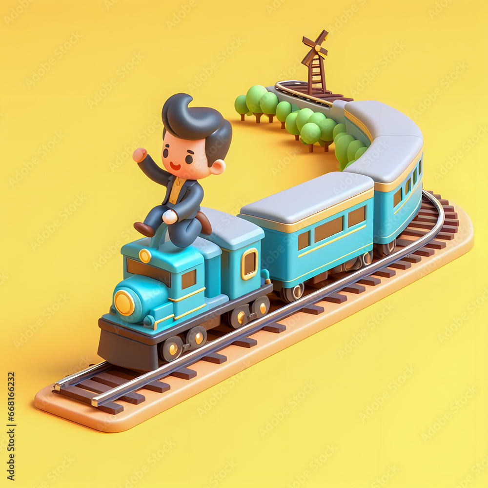 Aufkleber there is a toy train with a man on it on the tracks generative ai