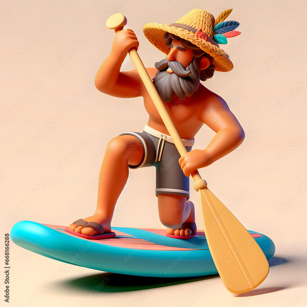 Poster there is a figurine of a man on a surfboard with a paddle generative ai