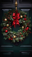 Fototapeta na wymiar Christmas wreath with red bow on dark green door. Festive decoration.