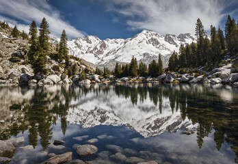 Fototapeta na wymiar Crystal clear lake reflecting snow capped Sierra Nevada mountains.