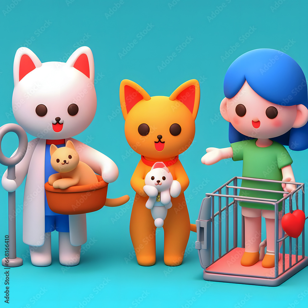 Poster three cartoon characters of a cat generative ai