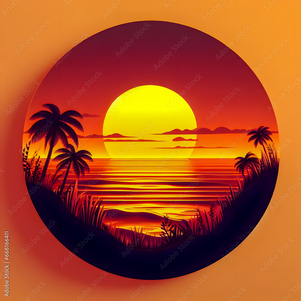 Poster a view of a sunset with palm trees and a beach generative ai