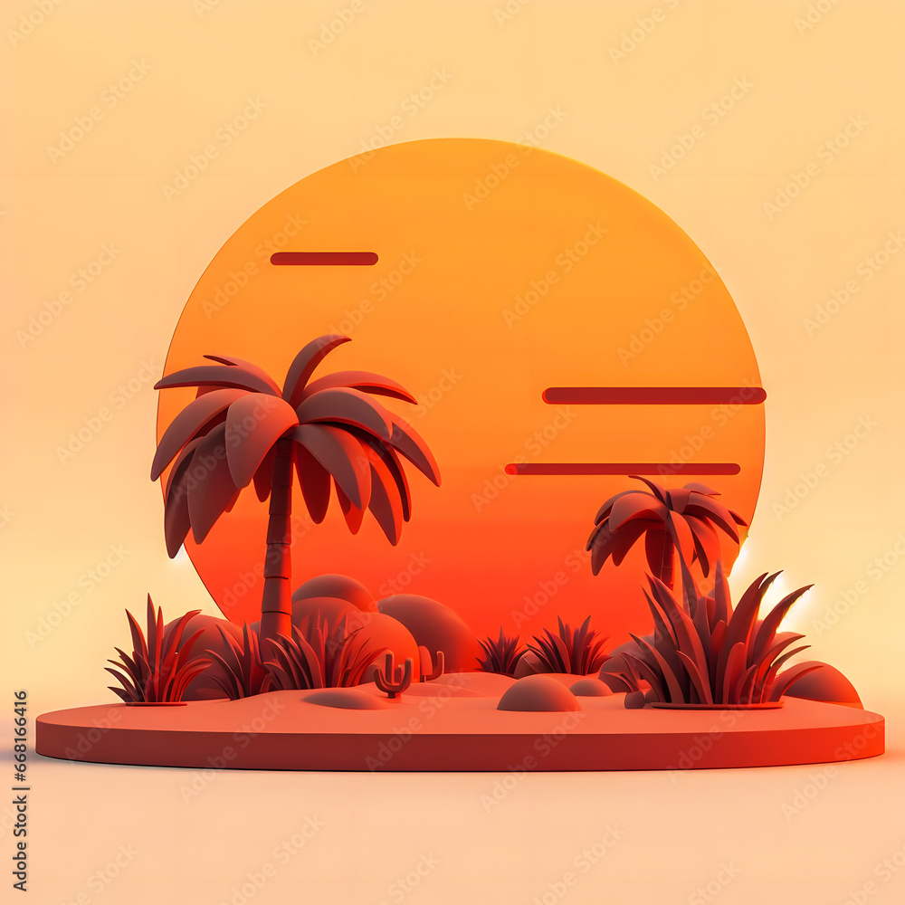 Poster a sunset scene with palm trees and bushes in the foreground Generative AI