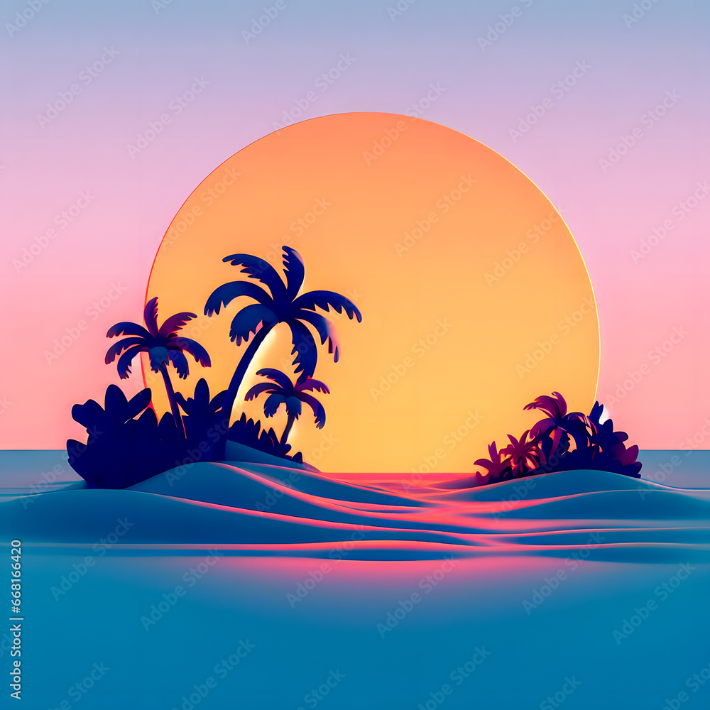Aufkleber a view of a sunset with palm trees and a boat in the water generative ai