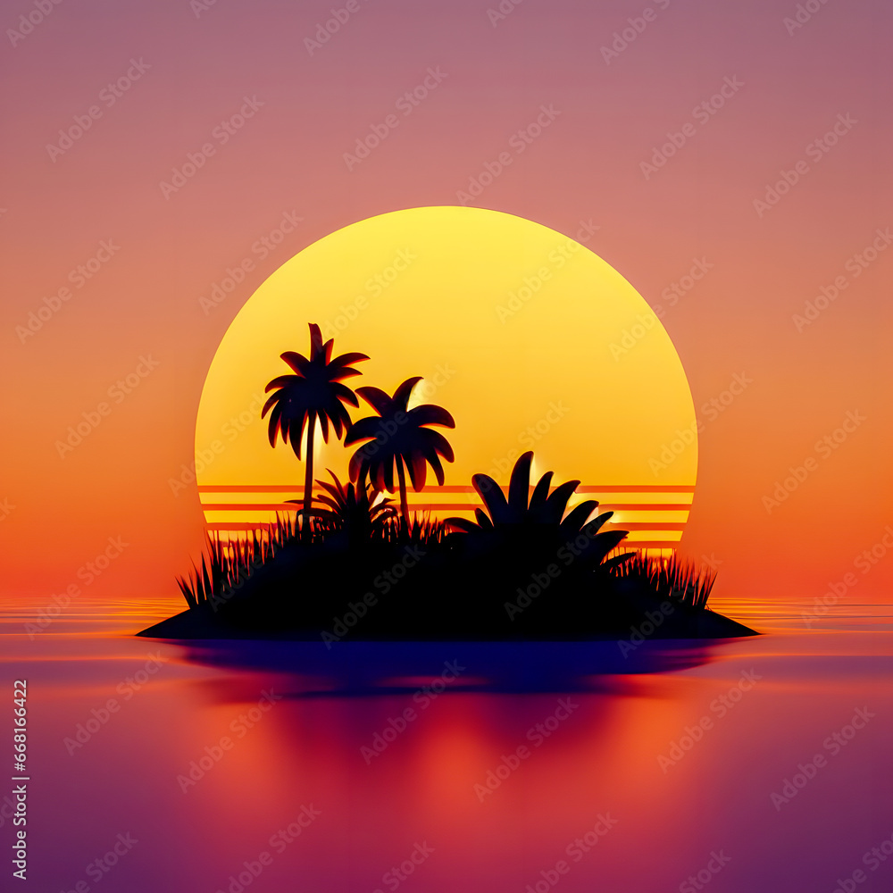 Poster a sunset with palm trees and a small island in the middle generative ai