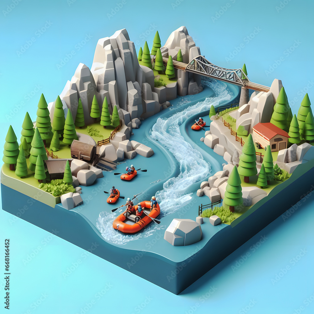 Poster arafed rafters are floating down a river in a small island generative ai