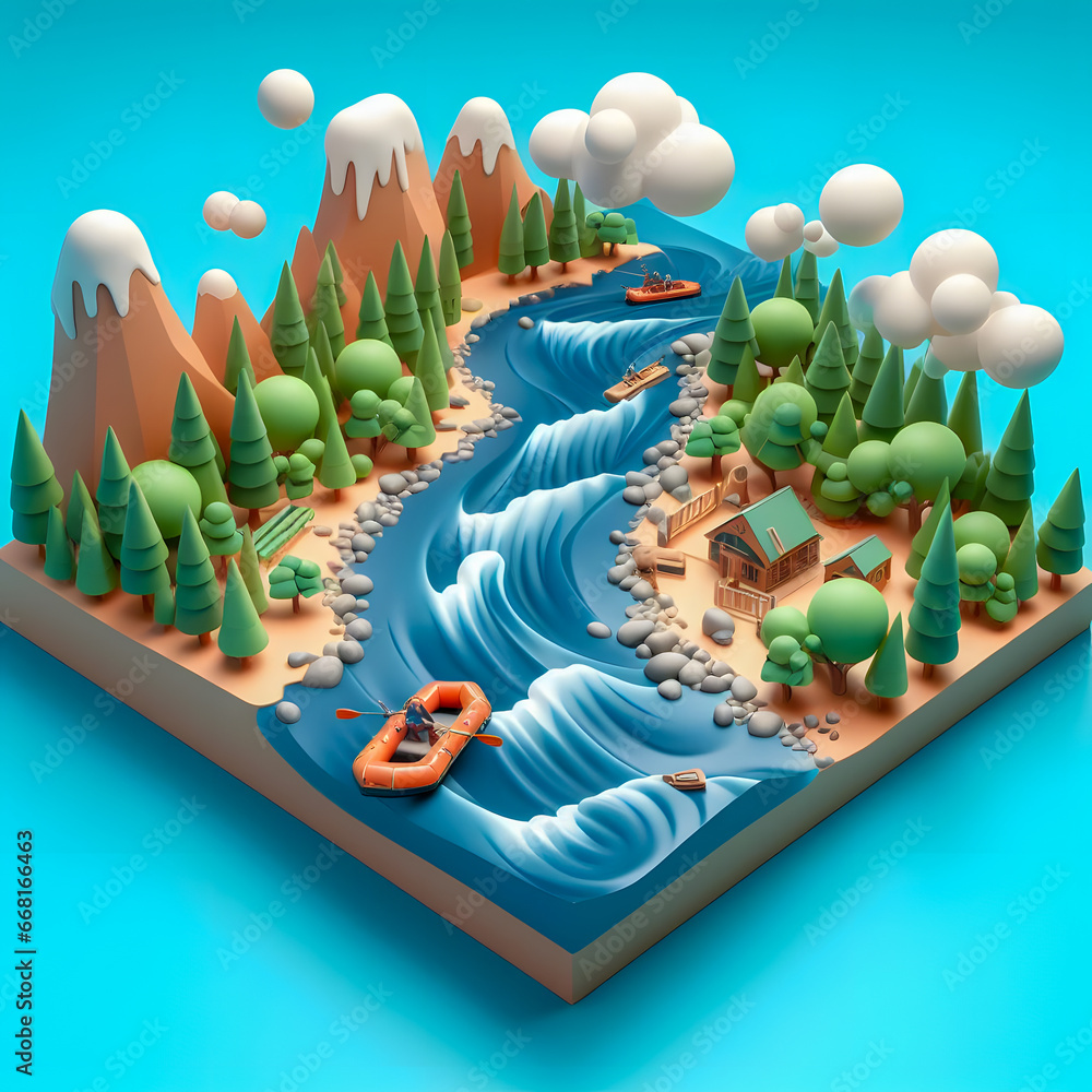 Poster a 3d illustration of a river with a boat and trees generative ai