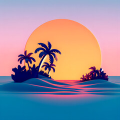 Fototapeta na wymiar a view of a sunset with palm trees and a boat in the water Generative AI