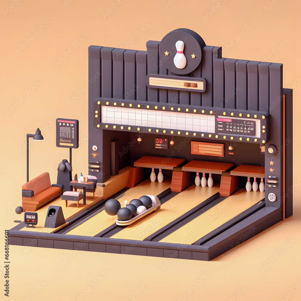Poster there is a small model of a bowling alley with a couch and bowling pins generative ai